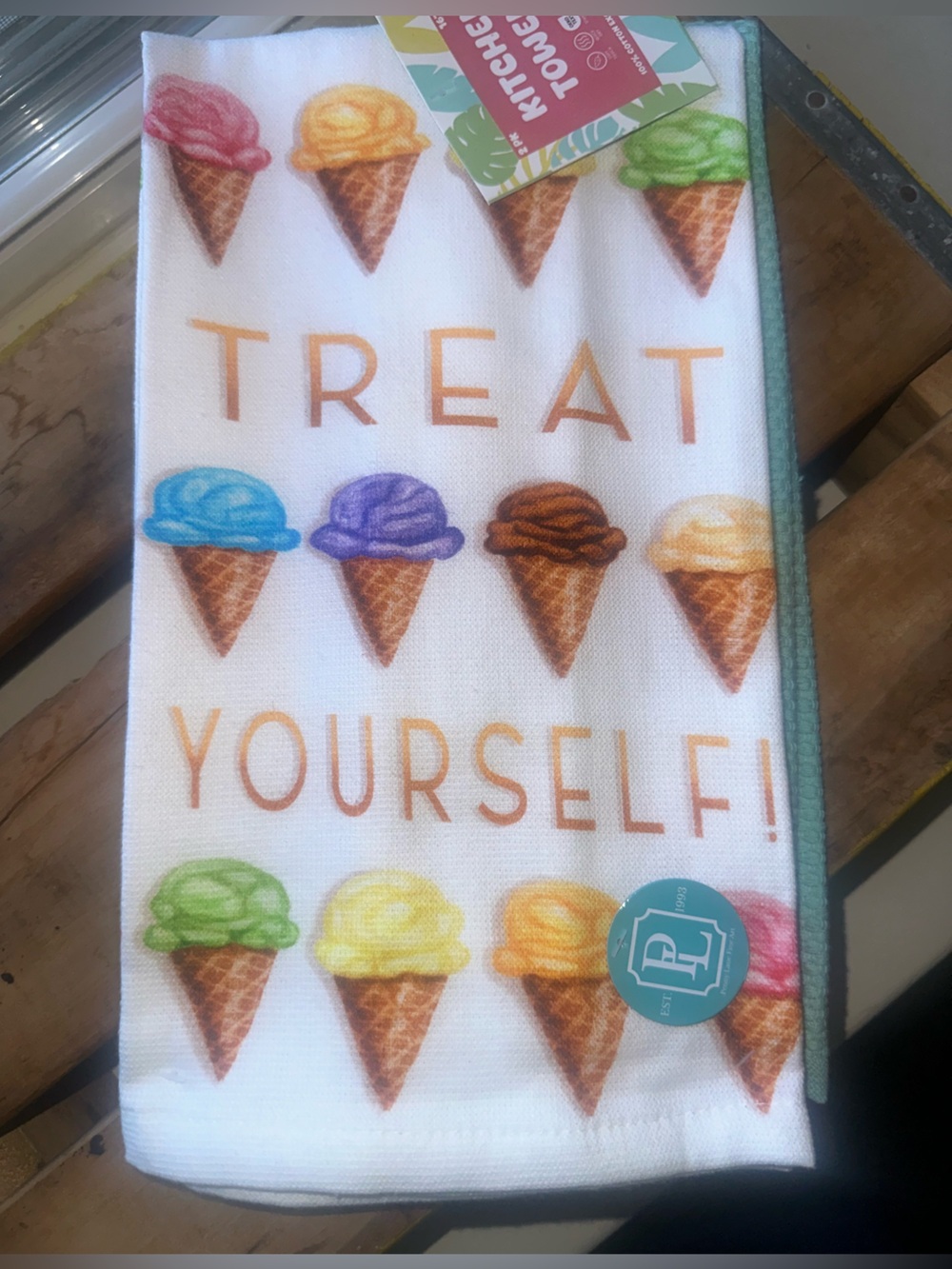 "Treat Yourself" Ice Cream Cone Kitchen Dish Towel (2) ~ New